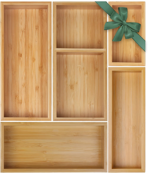 Set of 5 bamboo drawer organizer trays in different sizes, top view