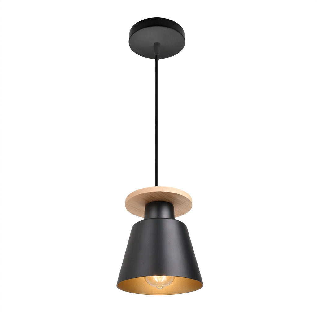 Black iron single-head pendant light with wood accent, dimensions diagram