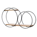 Two overlapping round black iron rings with two wood shelves on a white background
