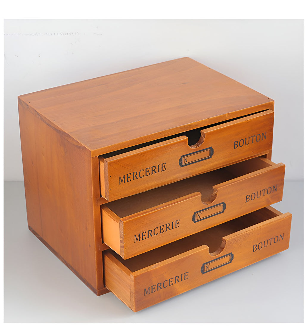 Retro wooden storage box with three pull-out drawers, front angle view