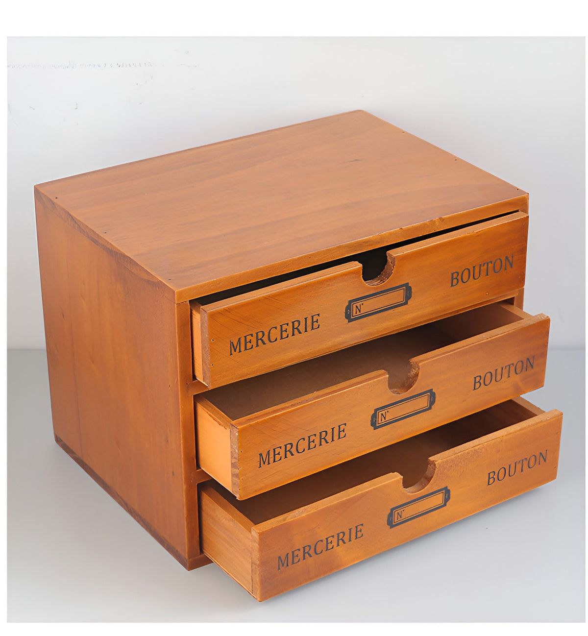 Retro wooden storage box with three pull-out drawers, front angle view