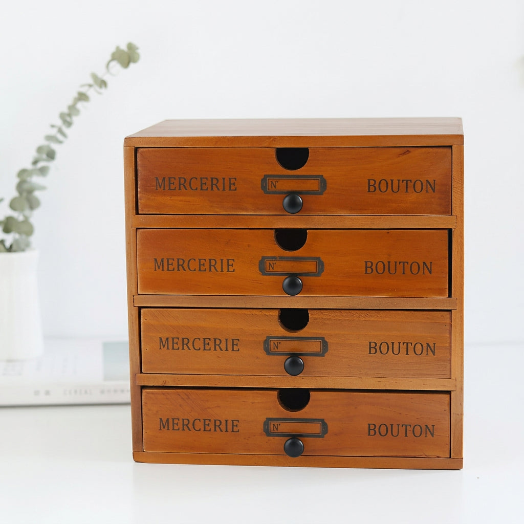Retro wooden storage box with four drawers, front view
